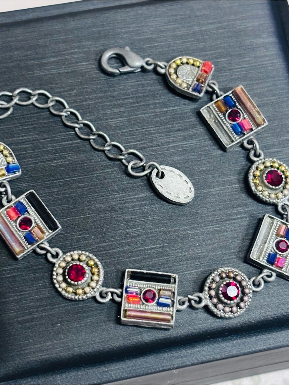 7.25” Multicolor Gunmetal Stone and Bead Silver-Tone Bracelet - Women Jewelry